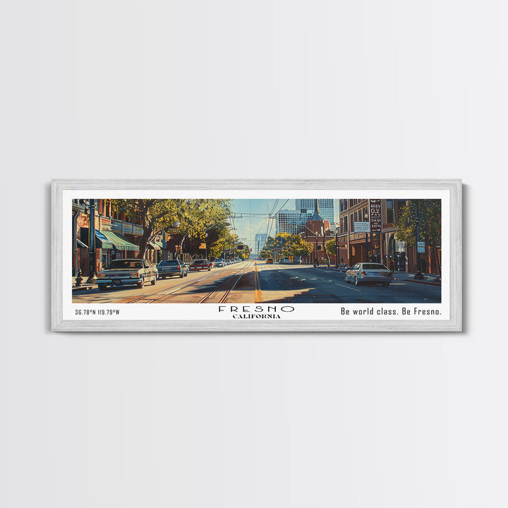 Fresno California Panoramic Watercolor Painting, Scenic Framed Canvas Print, Urban Wall Art for Living Room, Travel Decor, City Print, Gift Idea