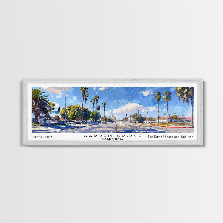 Garden Grove California Panoramic Watercolor Painting, Urban Framed Canvas Print, Cityscape Wall Art for Living Room, Travel Decor, Office Art, Gift Idea