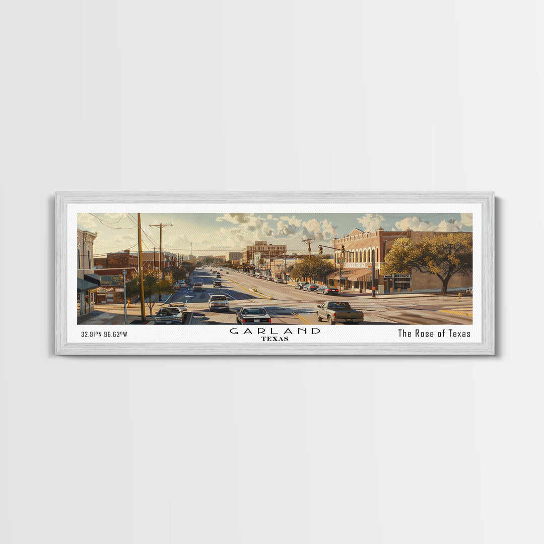 Garland Texas Panoramic Watercolor Painting, Urban Framed Canvas Print, Cityscape Wall Art for Living Room, Travel Decor, Home Gift Idea