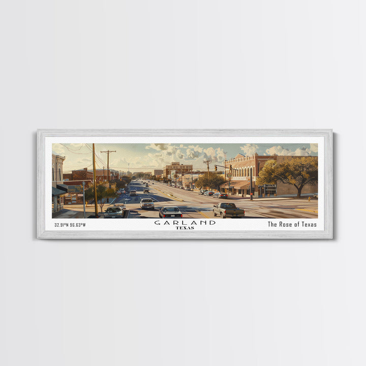 Garland Texas Panoramic Watercolor Painting, Urban Framed Canvas Print, Cityscape Wall Art for Living Room, Travel Decor, Home Gift Idea