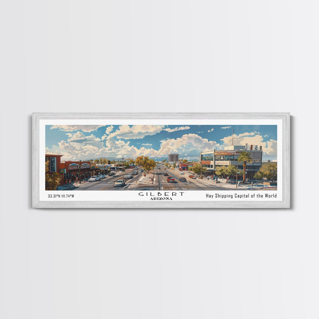 Gilbert Arizona Panoramic Watercolor Painting, Urban Framed Canvas Print, Cityscape Wall Art for Office, Travel Decor, Home Gift Idea