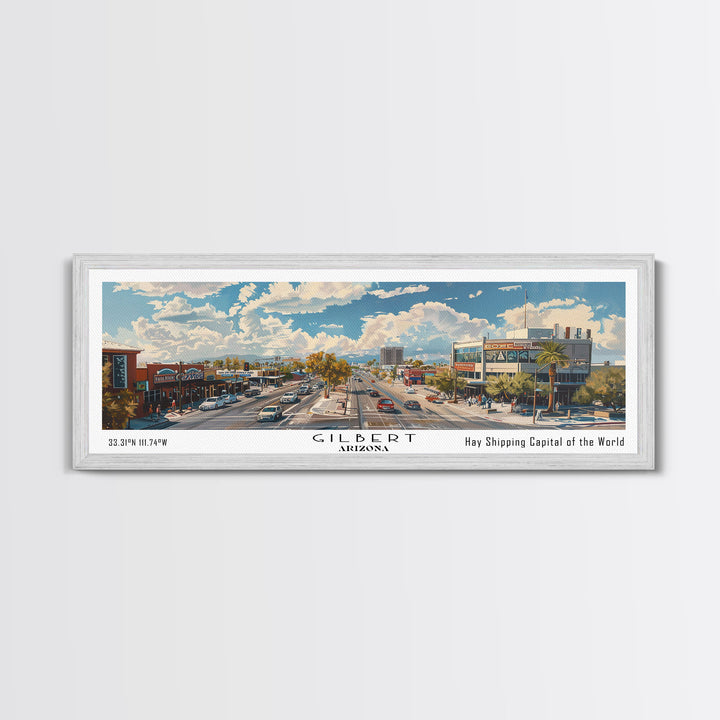 Gilbert Arizona Panoramic Watercolor Painting, Urban Framed Canvas Print, Cityscape Wall Art for Office, Travel Decor, Home Gift Idea