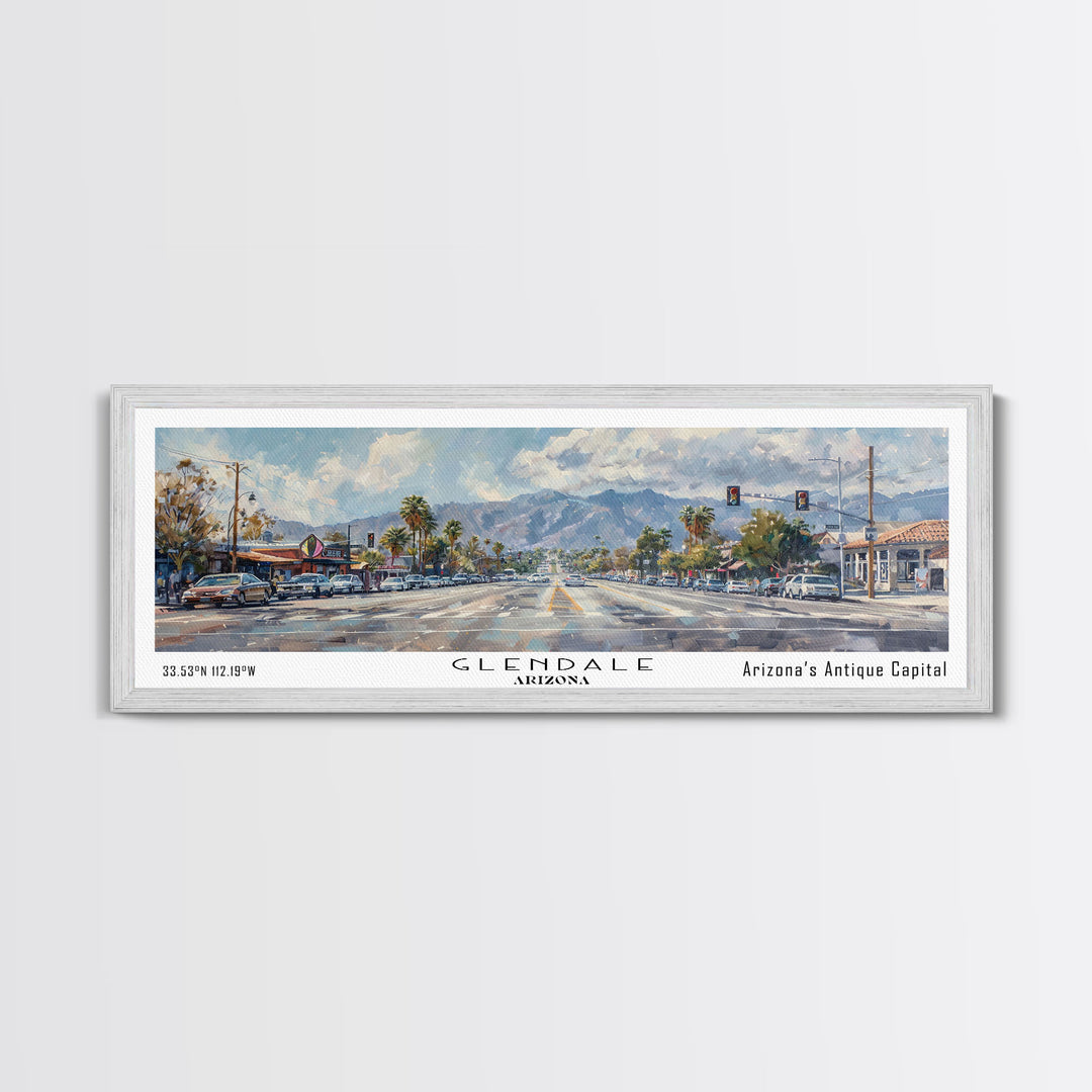 Glendale Arizona Panoramic Watercolor Painting, Urban Framed Canvas Print, Cityscape Wall Art for Office, Travel Decor, Home Gift Idea
