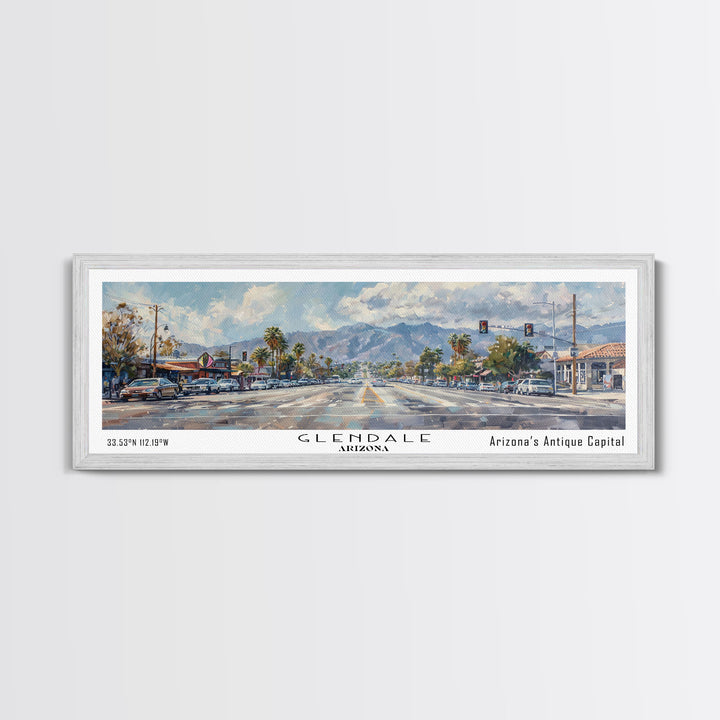 Glendale Arizona Panoramic Watercolor Painting, Urban Framed Canvas Print, Cityscape Wall Art for Office, Travel Decor, Home Gift Idea