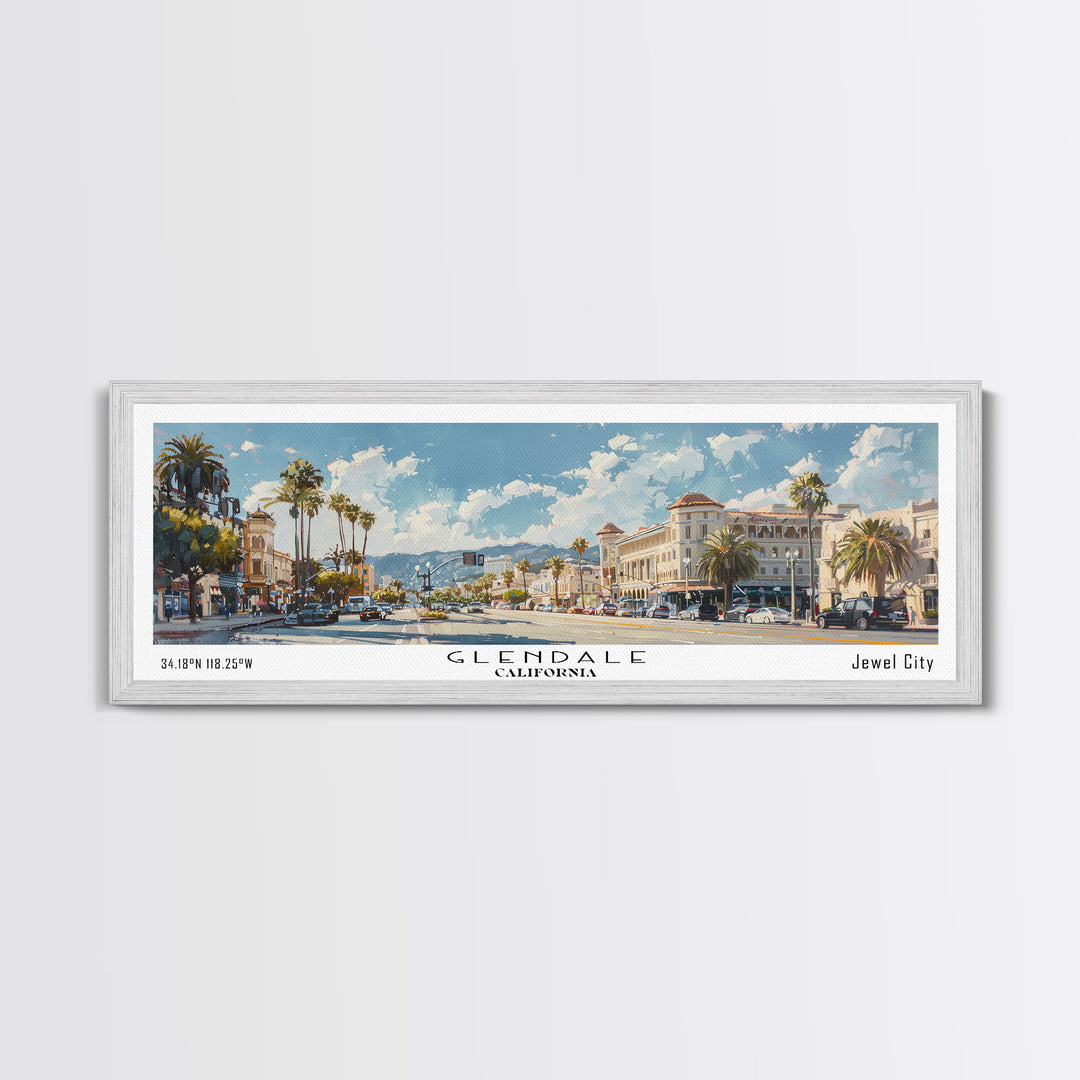 Glendale California Panoramic Watercolor Painting, Urban Framed Canvas Print, Cityscape Wall Art for Living Room, Travel Poster, Home Decor, City Gift Idea