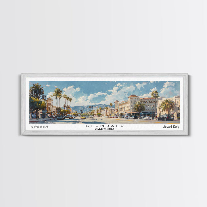 Glendale California Panoramic Watercolor Painting, Urban Framed Canvas Print, Cityscape Wall Art for Living Room, Travel Poster, Home Decor, City Gift Idea