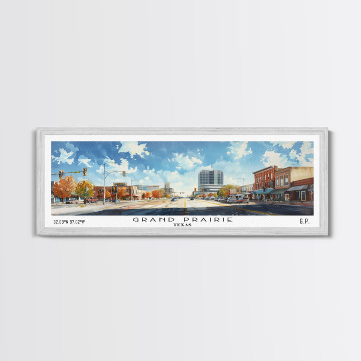 Grand Prairie Texas Panoramic Watercolor Painting, Urban Framed Canvas Print, Cityscape Wall Art for Living Room, Travel Decor, Home Gift Idea