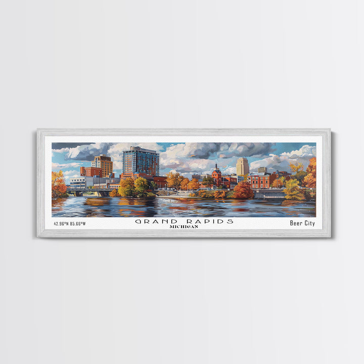 Grand Rapids Michigan Panoramic Watercolor Painting, Urban Framed Canvas Print, Cityscape Wall Art for Office, Travel Decor, Home Gift Idea