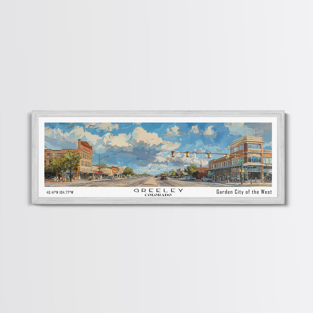Greeley Colorado Panoramic Watercolor Painting, Urban Framed Canvas Print, Cityscape Wall Art for Living Room, Travel Poster, Home Decor, City Gift Idea