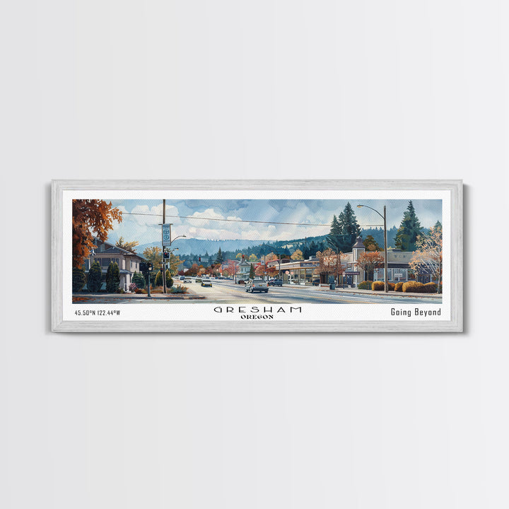 Gresham Oregon Panoramic Watercolor Painting, Urban Framed Canvas Print, Cityscape Wall Art for Living Room, Travel Decor, Home Gift Idea