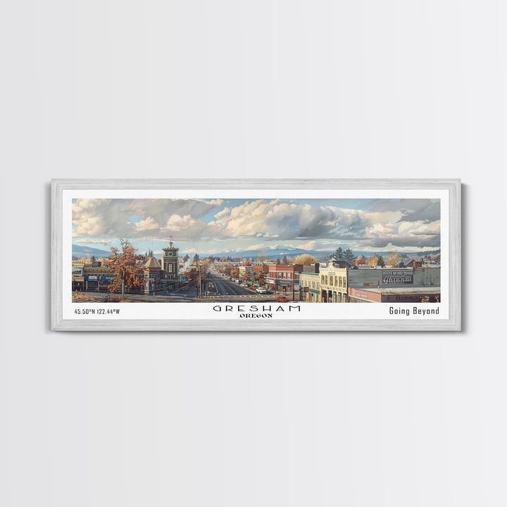 Gresham Oregon Panoramic Watercolor Painting, Urban Framed Canvas Print, Cityscape Wall Art for Office, Travel Decor, Home Gift Idea
