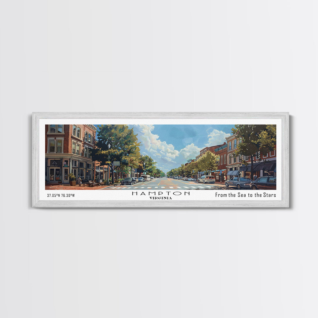 Hampton Virginia Panoramic Watercolor Painting, Urban Framed Canvas Print, Cityscape Wall Art for Living Room, Travel Poster, Home Decor, City Gift Idea