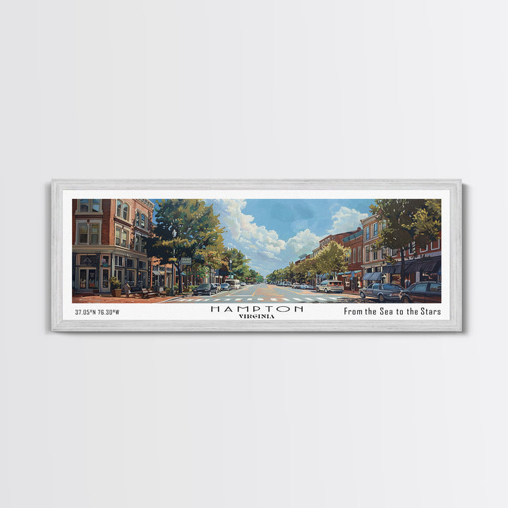 Hampton Virginia Panoramic Watercolor Painting, Urban Framed Canvas Print, Cityscape Wall Art for Living Room, Travel Poster, Home Decor, City Gift Idea
