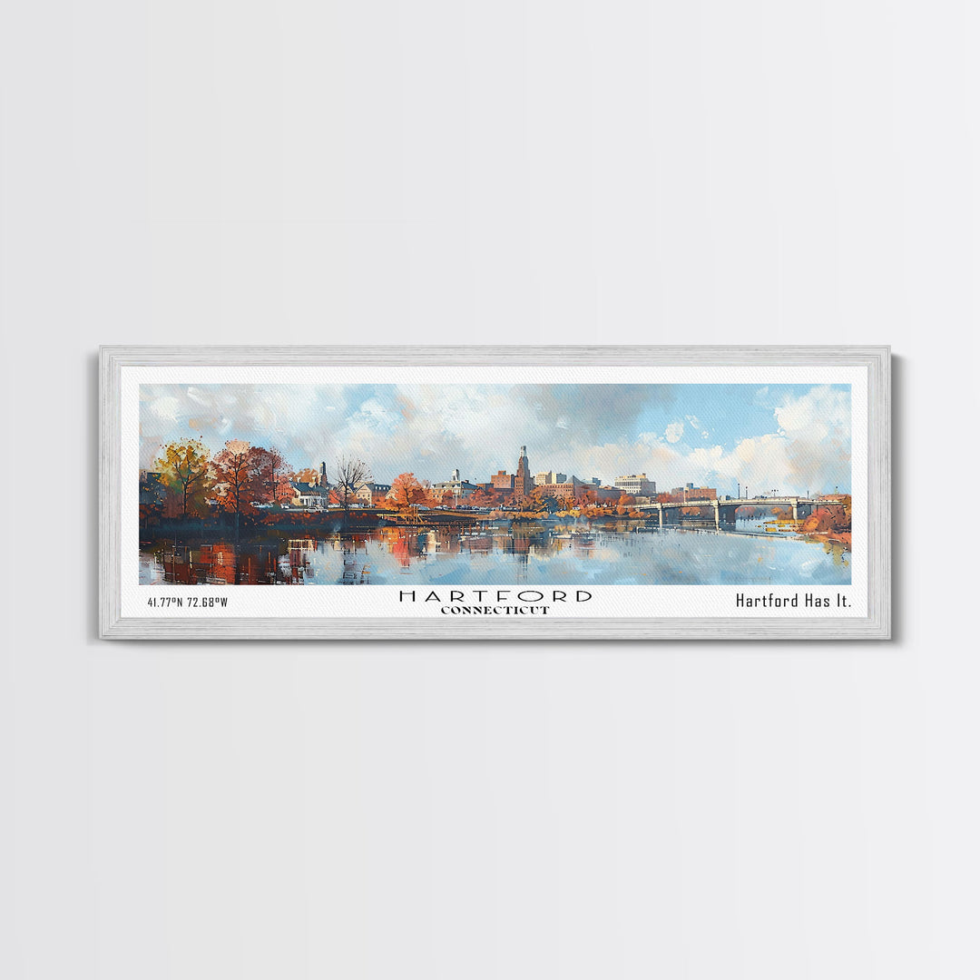 Hartford Connecticut Panoramic Watercolor Painting, Urban Framed Canvas Print, Cityscape Wall Art for Office, Travel Decor, Home Gift Idea
