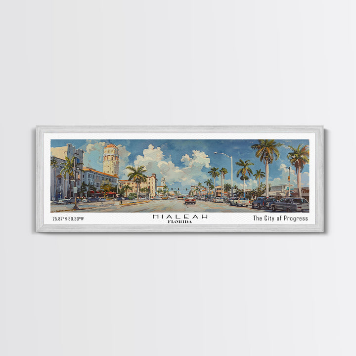 Hialeah Florida Panoramic Watercolor Painting, Urban Framed Canvas Print, Cityscape Wall Art for Office, Travel Decor, Home Gift Idea