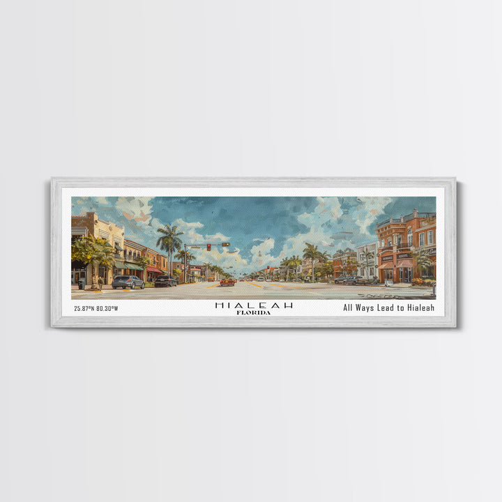 Hialeah Florida Panoramic Watercolor Painting, Urban Framed Canvas Print, Cityscape Wall Art for Living Room, Travel Decor, Home Gift Idea