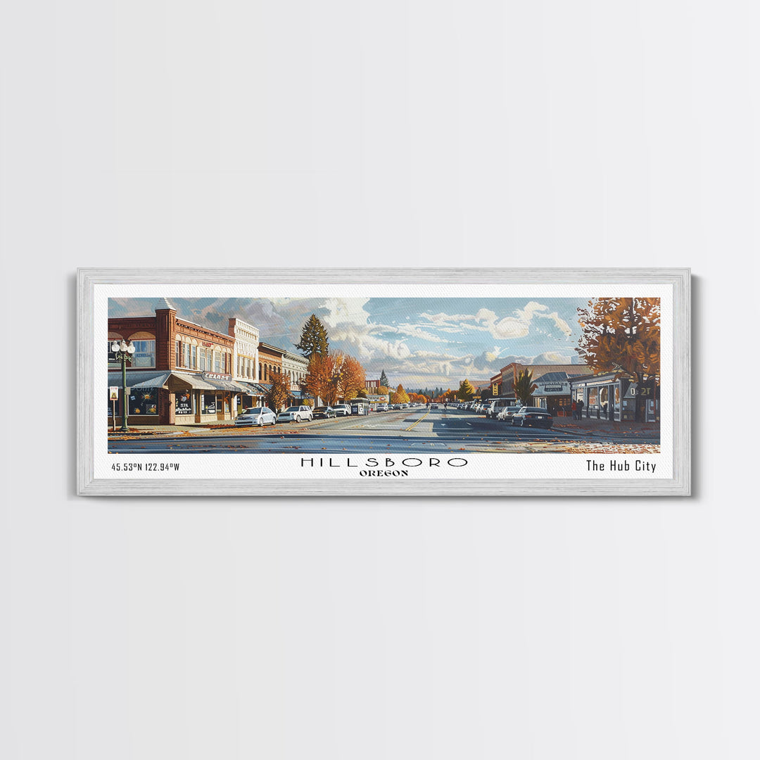 Hillsboro Oregon Panoramic Watercolor Painting, Urban Framed Canvas Print, Cityscape Wall Art for Office, Travel Decor, Home Gift Idea