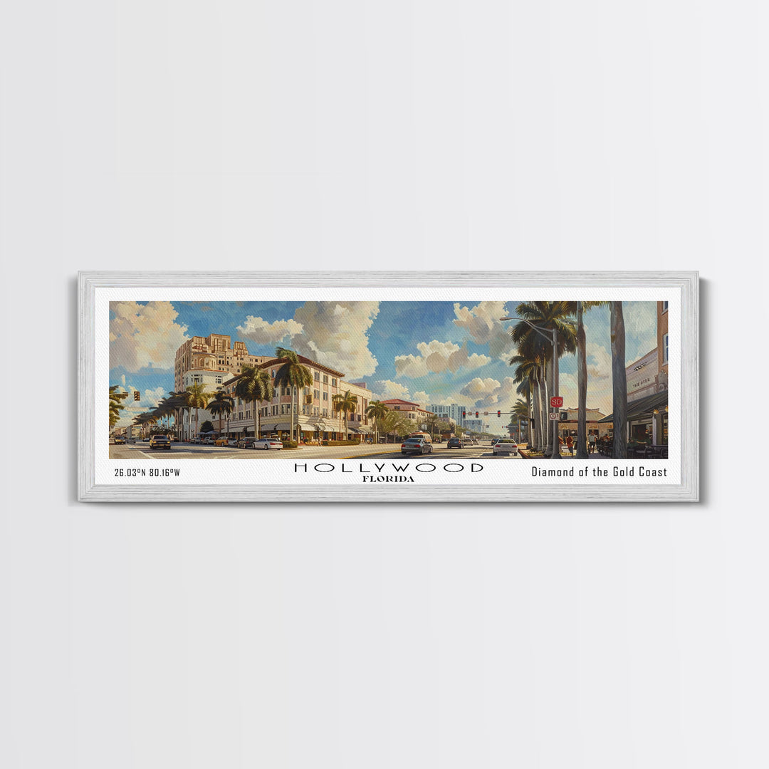 Hollywood Florida Panoramic Watercolor Painting, Urban Framed Canvas Print, Cityscape Wall Art for Living Room, Travel Poster, Home Decor, City Gift Idea