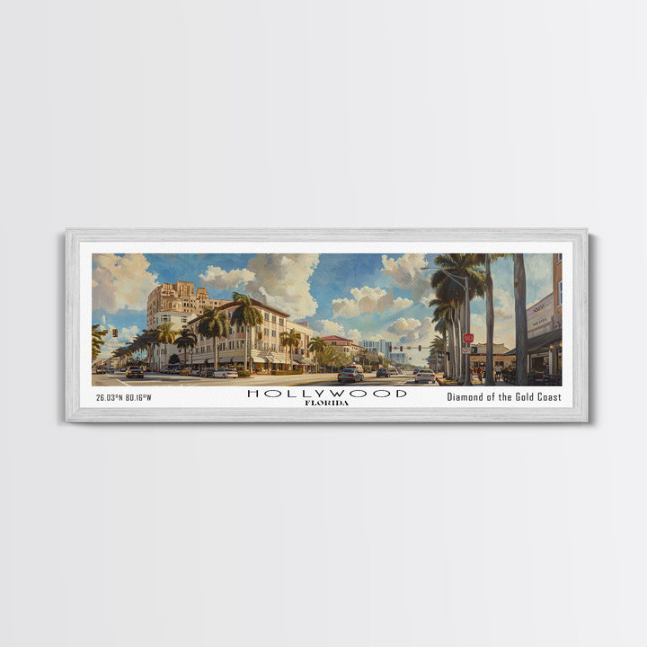Hollywood Florida Panoramic Watercolor Painting, Urban Framed Canvas Print, Cityscape Wall Art for Living Room, Travel Poster, Home Decor, City Gift Idea