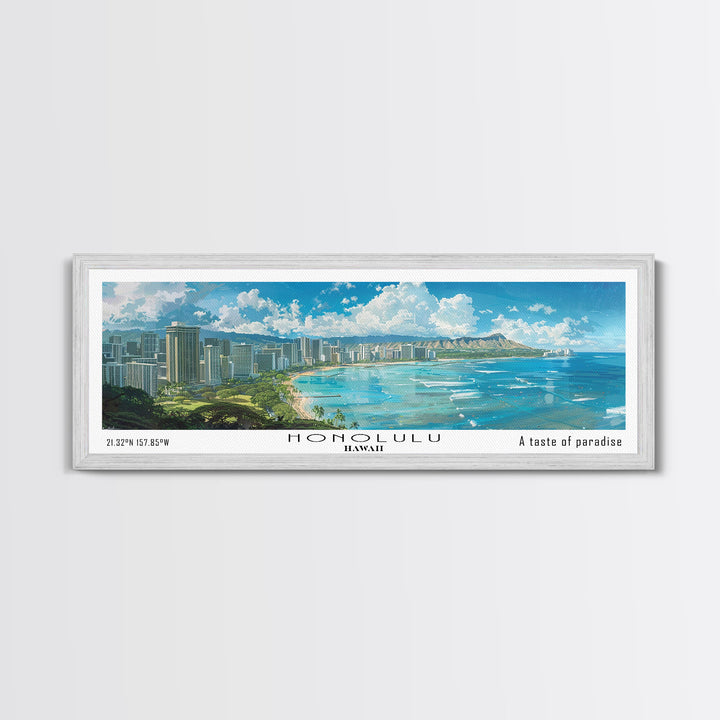 Honolulu Hawaii Panoramic Watercolor Painting, Urban Framed Canvas Print, Cityscape Wall Art for Office, Travel Decor, Home Gift Idea