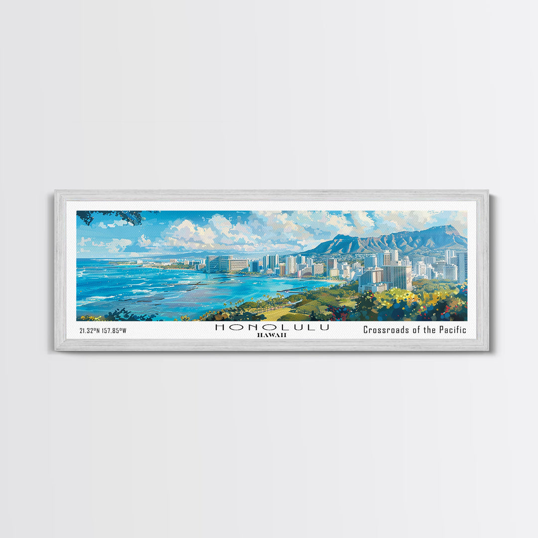 Honolulu Hawaii Panoramic Watercolor Painting, Urban Framed Canvas Print, Cityscape Wall Art for Living Room, Travel Poster, Home Decor, City Gift Idea