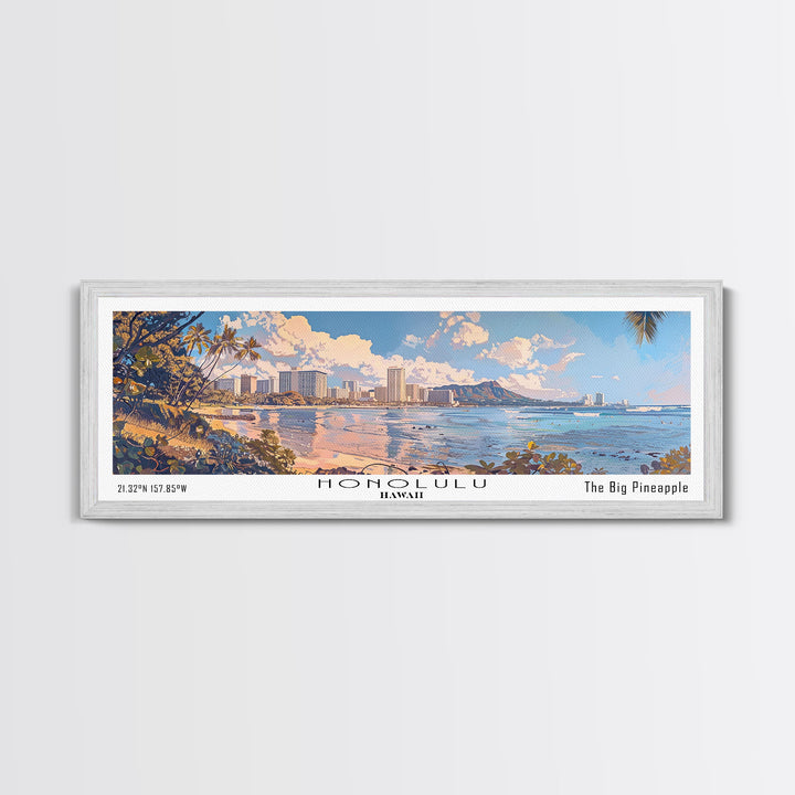 Honolulu Hawaii Panoramic Watercolor Painting, Urban Framed Canvas Print, Cityscape Wall Art for Office, Travel Decor, Home Gift Idea