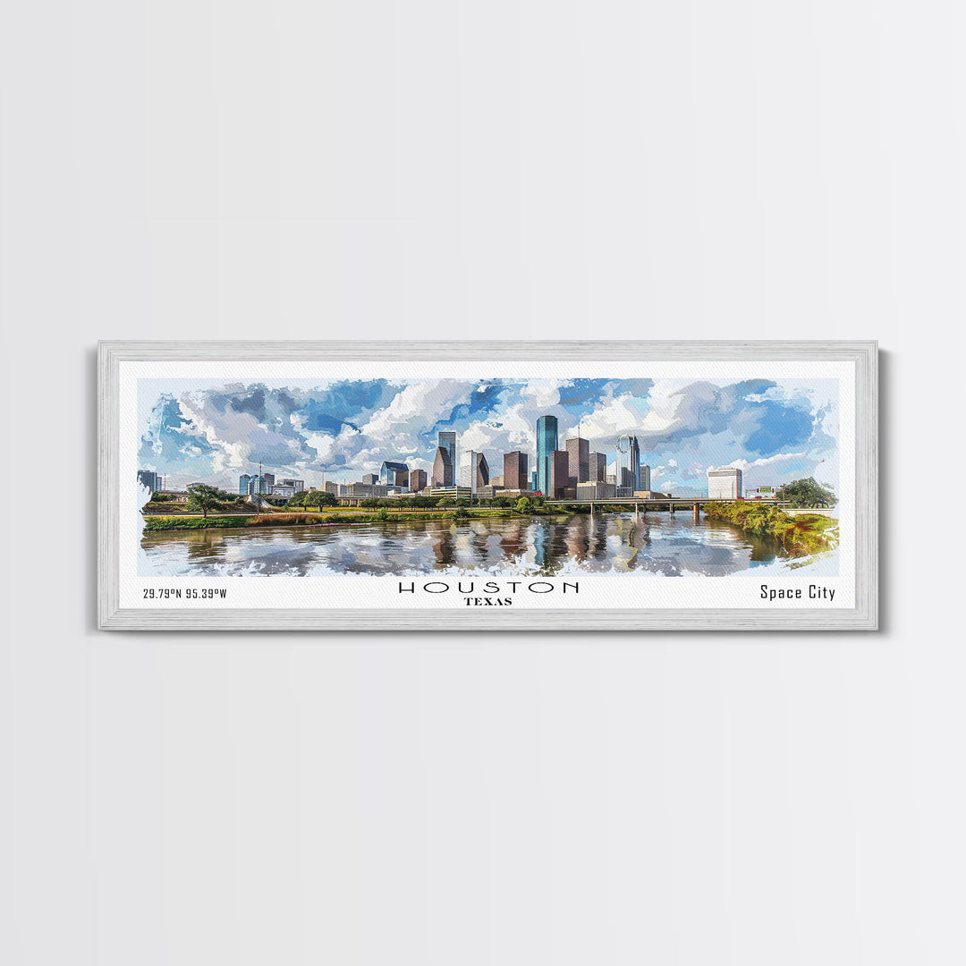 Houston Texas Panoramic Watercolor Painting, Urban Framed Canvas Print, Cityscape Wall Art for Living Room, Travel Poster, Home Decor, City Gift Idea