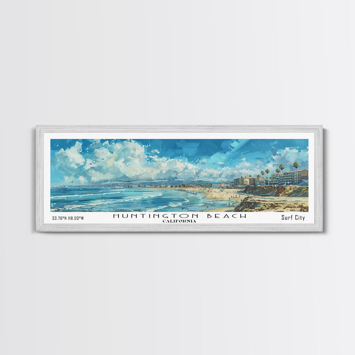 Huntington Beach California Panoramic Watercolor Painting, Urban Framed Canvas Print, Cityscape Wall Art for Office, Travel Decor, Home Gift Idea