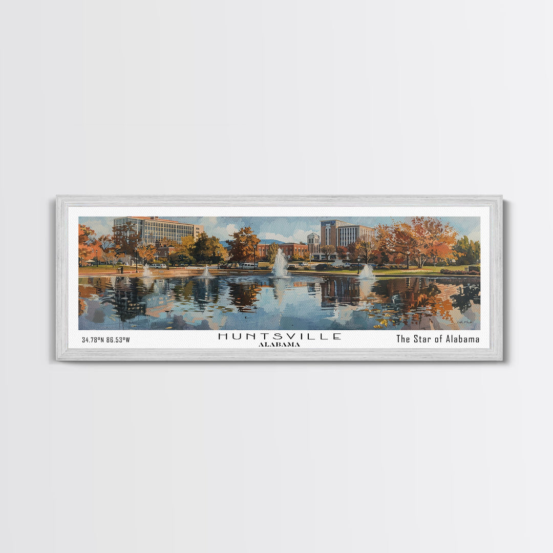 Huntsville Alabama Panoramic Watercolor Painting, Urban Framed Canvas Print, Cityscape Wall Art for Living Room, Travel Poster, Home Decor, City Gift Idea