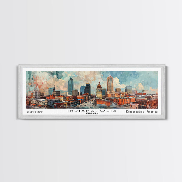 Indianapolis Indiana Panoramic Watercolor Painting, Urban Framed Canvas Print, Cityscape Wall Art for Office, Travel Decor, Home Gift Idea