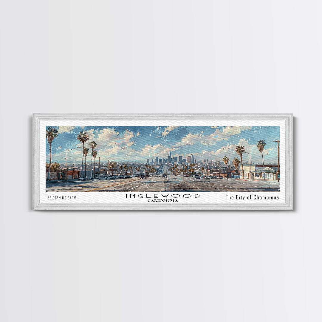 Inglewood California Panoramic Watercolor Painting, Urban Framed Canvas Print, Cityscape Wall Art for Living Room, Travel Poster, Home Decor, City Gift Idea