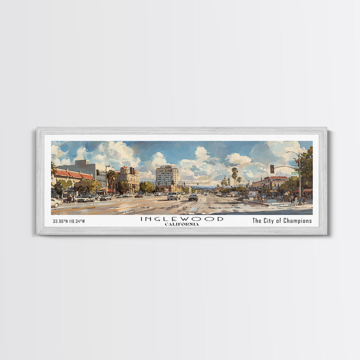 Inglewood California Panoramic Watercolor Painting, Urban Framed Canvas Print, Cityscape Wall Art for Office, Travel Decor, Home Gift Idea