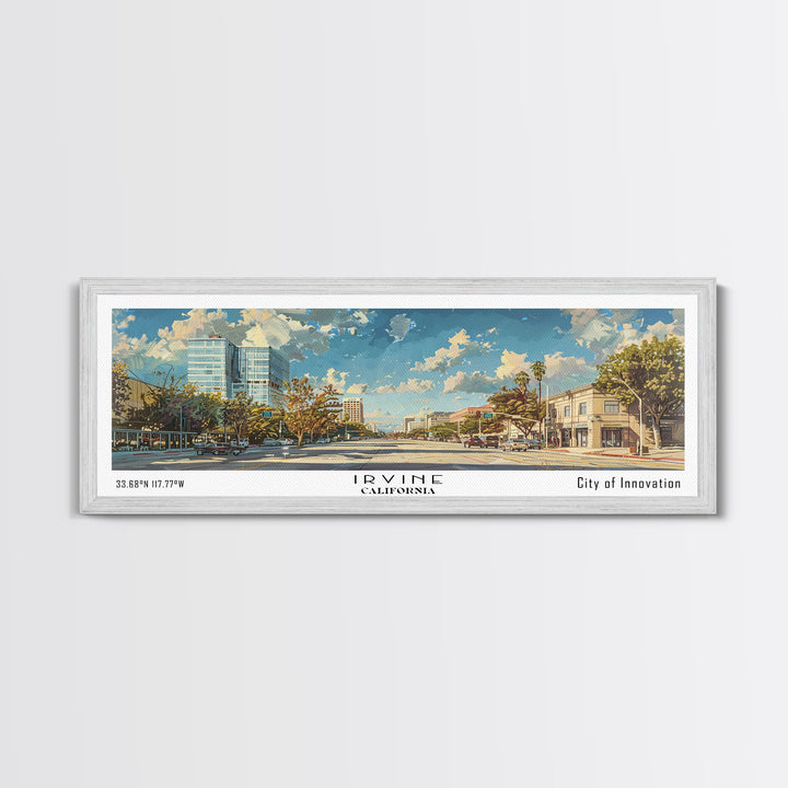 Irvine California Panoramic Cityscape Painting, Framed Canvas Print for Home, Office Wall Art, Urban Decor, Watercolor Travel Poster