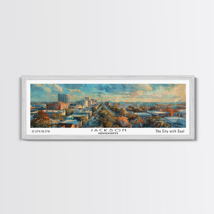 Jackson Mississippi Watercolor Panoramic City Painting, Framed Canvas Print for Living Room, Office Wall Art, Urban Decor, Travel Poster