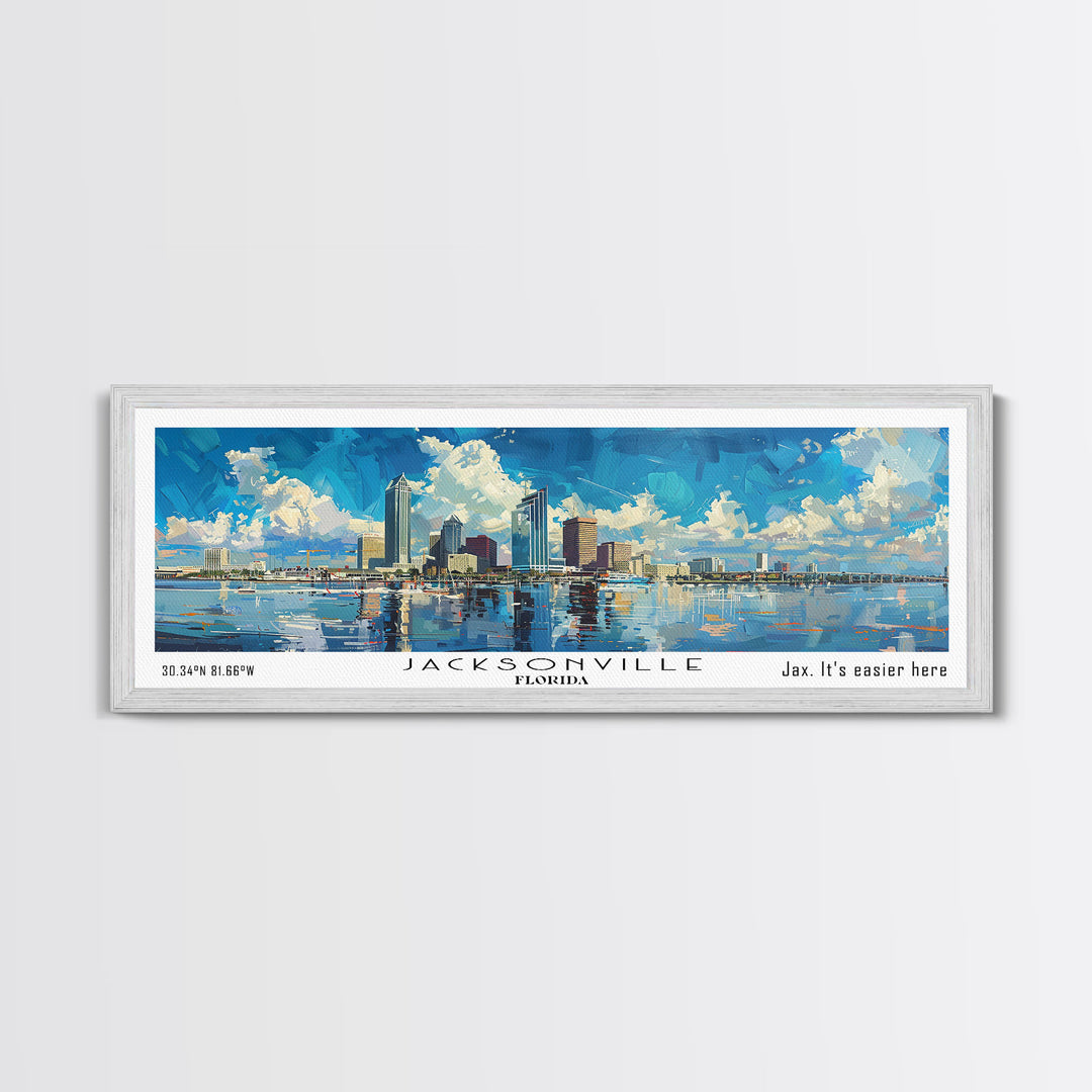 Jacksonville Florida Panoramic Watercolor City Painting, Framed Canvas Print for Home, Urban Decor, Office Art, Travel Poster