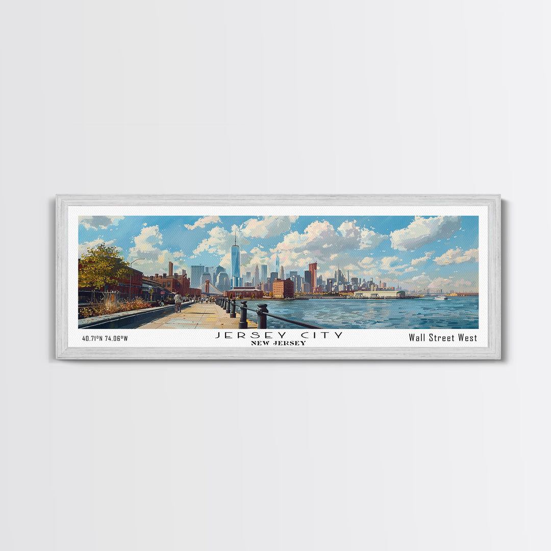 Jersey City New Jersey Panoramic Cityscape Painting, Framed Canvas Print, Urban Decor, Office Wall Art, Travel Poster, Watercolor Home Decoration