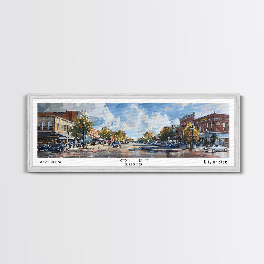 Joliet Illinois Panoramic Cityscape Wall Art, Watercolor Framed Canvas Print, Urban Painting for Living Room, Office Decor, Travel Poster