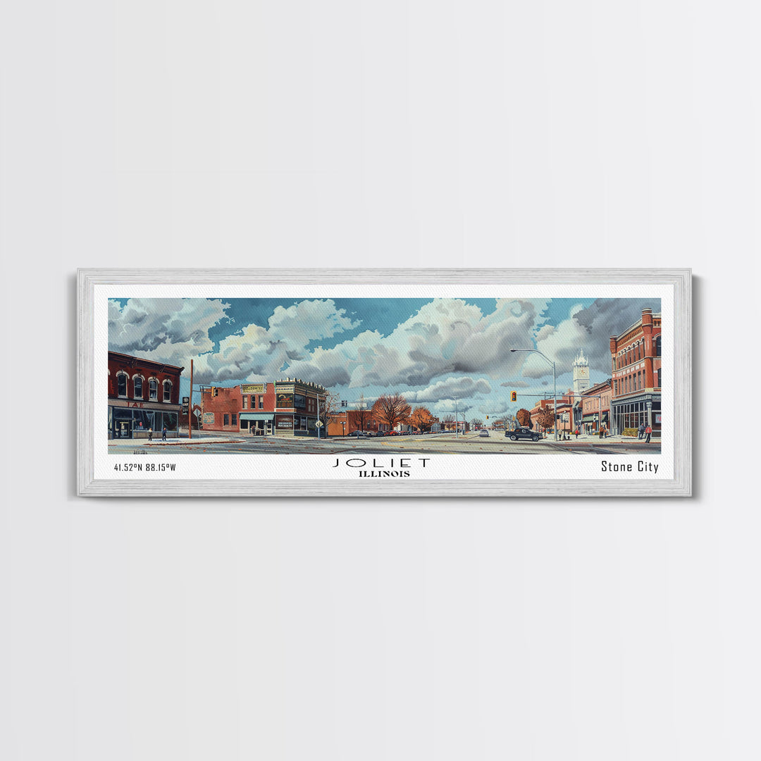 Joliet Illinois Panoramic Watercolor City Painting, Framed Canvas Print for Home, Office Wall Art, Urban Decor, Travel Poster