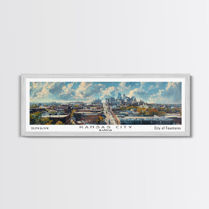 Kansas City Kansas Panoramic Watercolor Cityscape, Framed Canvas Print for Living Room, Office Wall Art, Urban Decor, Travel Poster