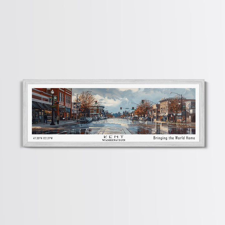 Kent Washington Panoramic Cityscape Wall Art, Watercolor Framed Canvas Print, Urban Painting for Living Room, Office Decor, Travel Poster