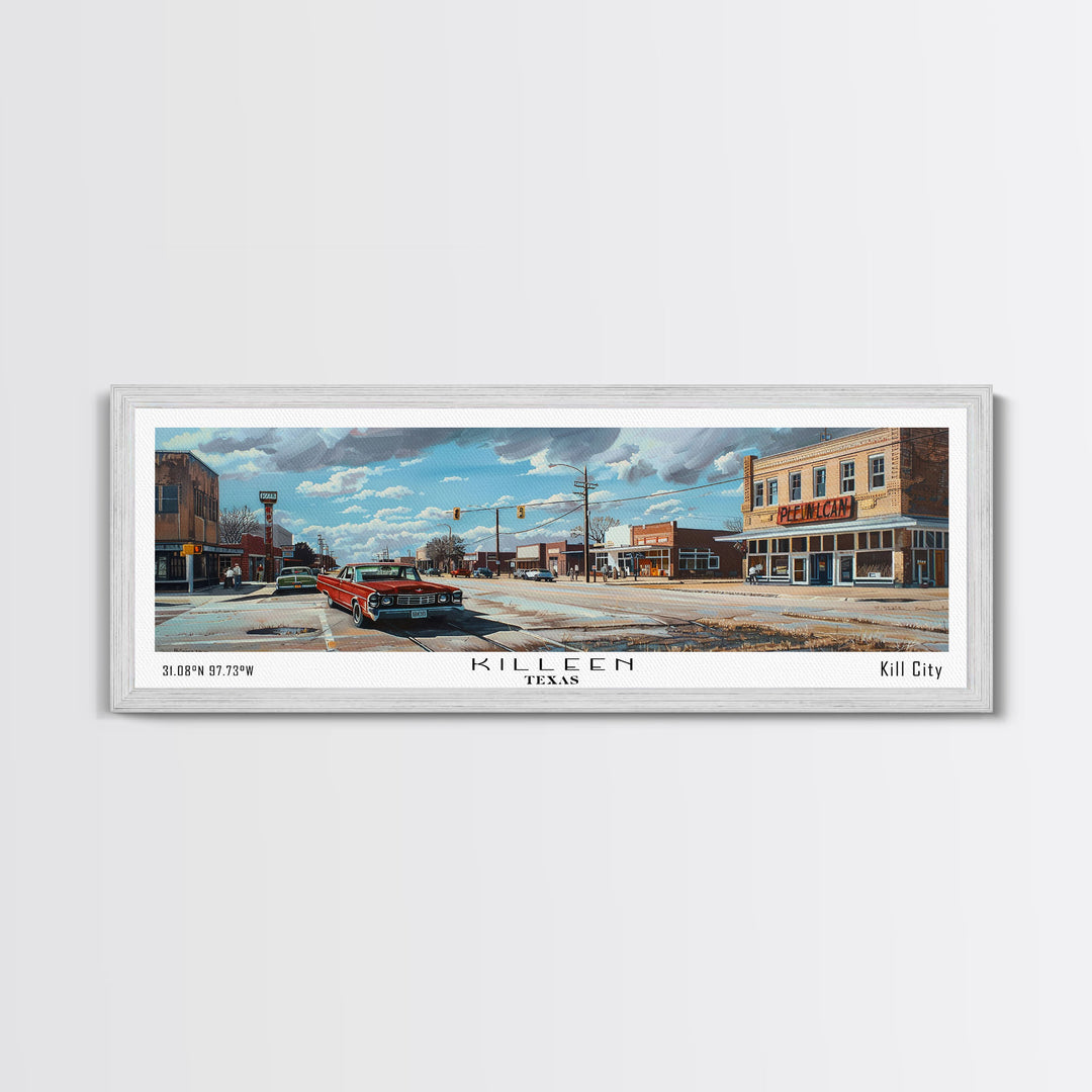 Killen Texas Panoramic Cityscape Wall Art, Watercolor Framed Canvas Print, Urban Painting for Living Room, Office Decor, Travel Poster