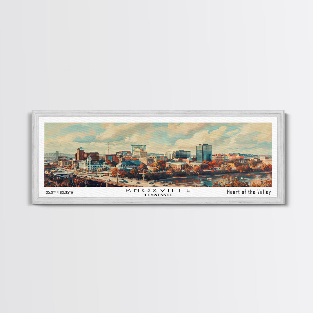 Knoxville Tennessee Panoramic Cityscape Wall Art, Watercolor Framed Canvas Print, Urban Painting for Living Room, Office Decor, Travel Poster