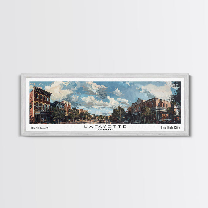 Lafayette Louisiana Panoramic Watercolor Cityscape, Framed Canvas Print for Living Room, Office Wall Art, Urban Decor, Travel Poster