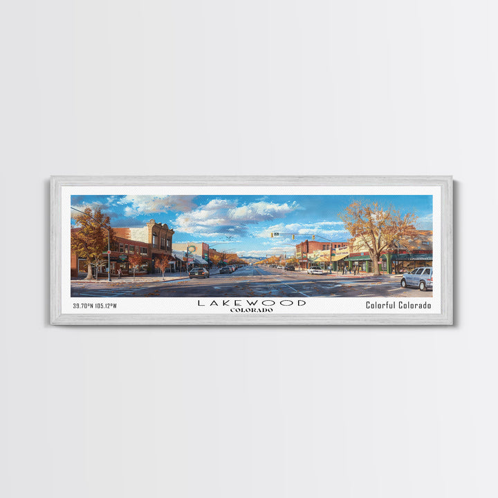Lakewood Colorado Panoramic Cityscape Wall Art, Watercolor Framed Canvas Print, Urban Painting for Living Room, Office Decor, Travel Poster
