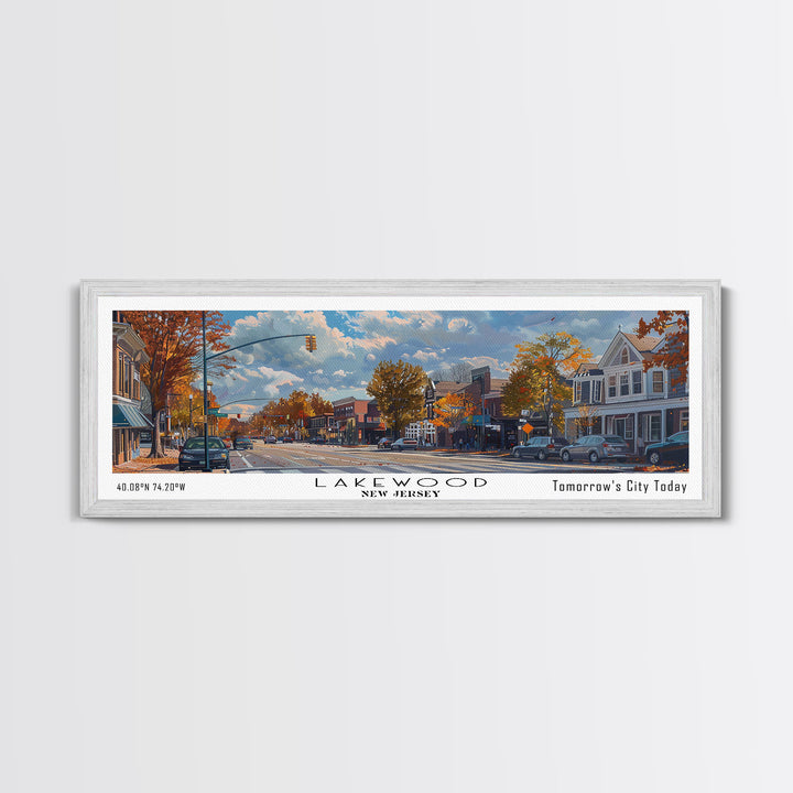 Lakewood New Jersey Panoramic Watercolor Cityscape, Framed Canvas Print for Living Room, Office Wall Art, Urban Decor, Travel Poster