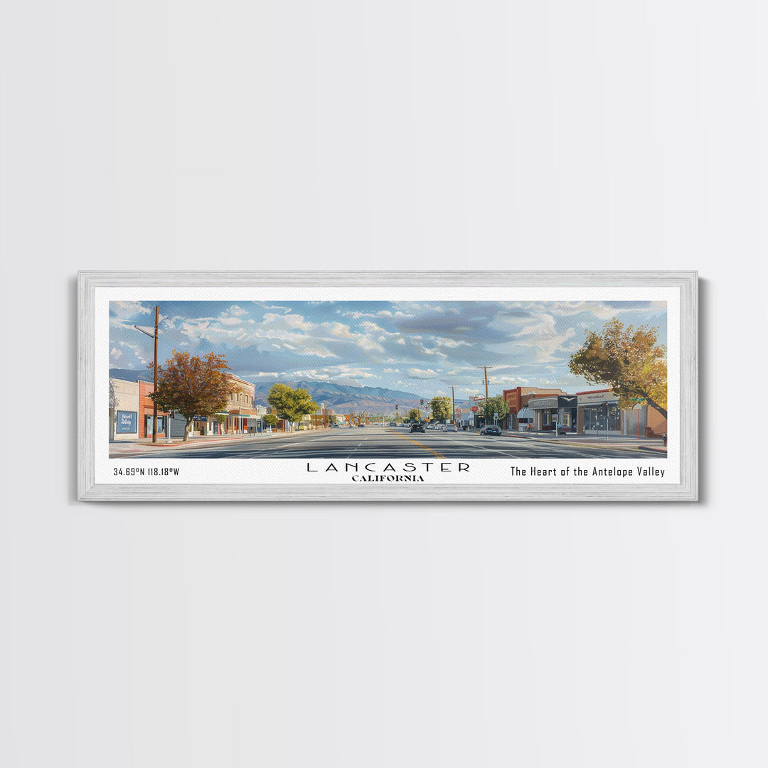 Lancaster California Panoramic Cityscape Painting, Framed Canvas Print, Urban Decor, Office Wall Art, Watercolor Travel Poster, Home Decoration
