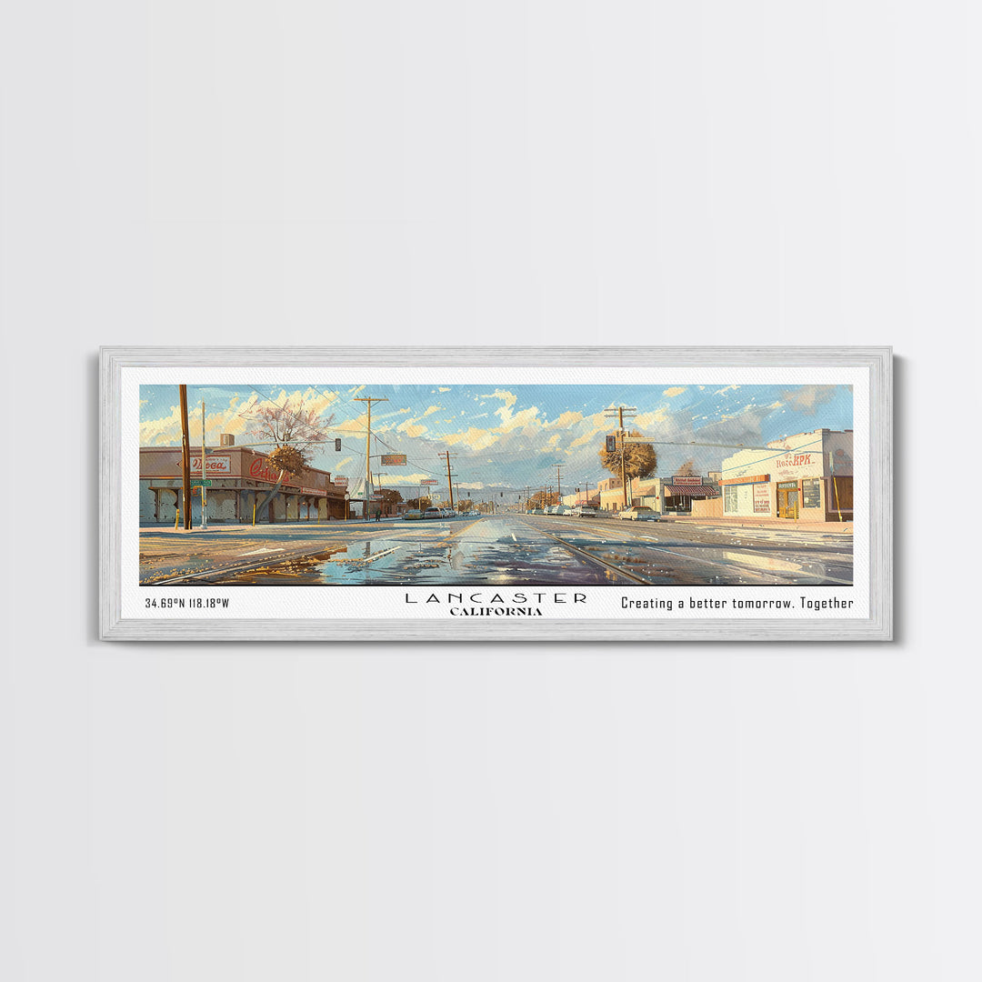 Lancaster California Panoramic Cityscape Wall Art, Watercolor Framed Canvas Print, Urban Painting for Living Room, Office Decor, Travel Poster