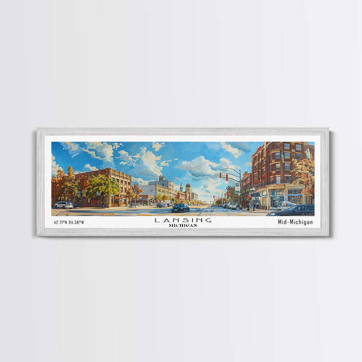 Lansing Michigan Panoramic Cityscape Wall Art, Watercolor Framed Canvas Print, Urban Painting for Living Room, Office Decor, Travel Poster