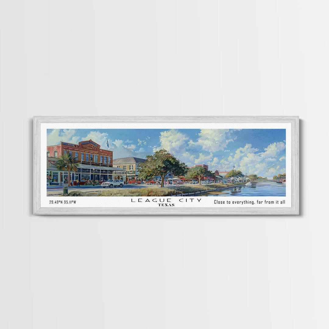 League City Texas Panoramic Watercolor Cityscape, Framed Canvas Print for Living Room, Office Wall Art, Urban Decor, Travel Poster