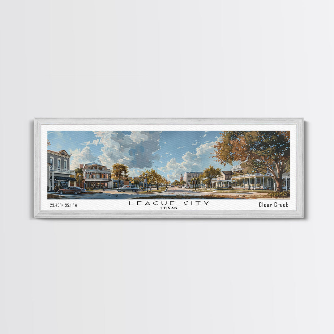 League City Texas Panoramic Cityscape Wall Art, Watercolor Framed Canvas Print, Urban Painting for Living Room, Office Decor, Travel Poster